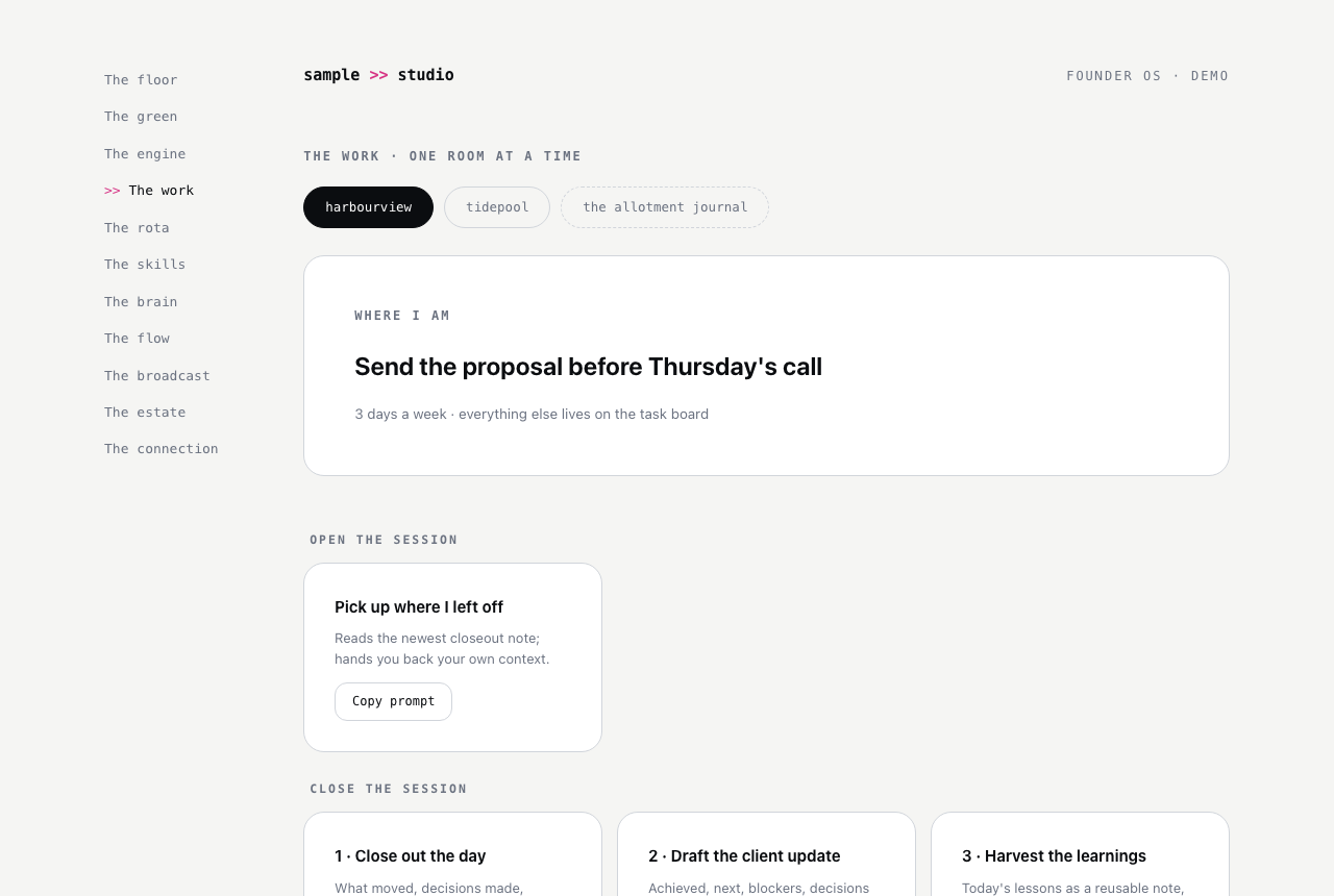 The work: project pills swap the context, the bench of prompts stays put